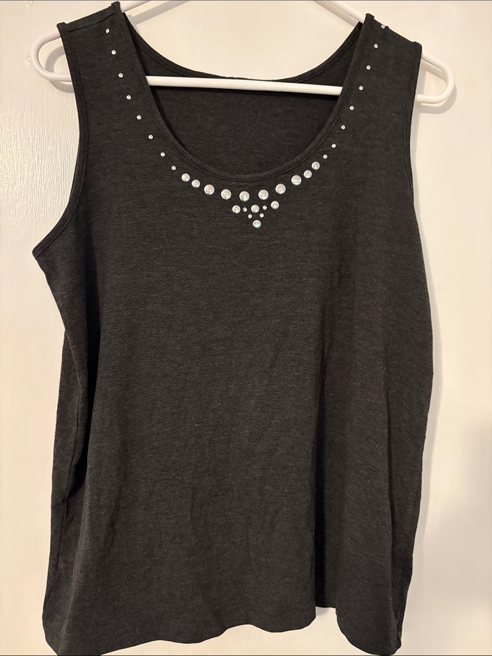 Women's Gray XL Sleeveless Tank with Rhinestone Scoop Neck